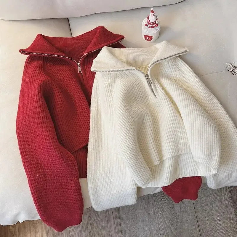 Half Zip Collar Sweater Women Pullovers Soft Knitted Long Sleeve Short Jumper Fall Winter Teen-girl Korean Fashion Outfit Main image