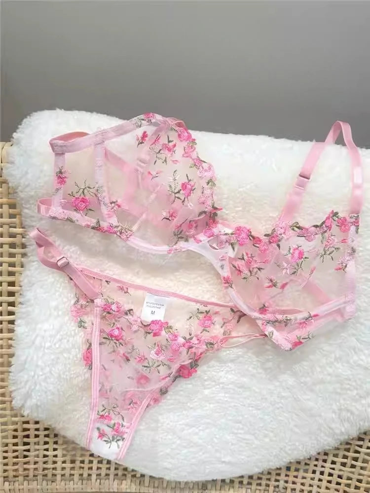 YUQI French Luxury Lingerie Set - Sexy Floral Embroidery Black Bra & Panty Set, Sheer Transparent Seductive Women's Intimates
