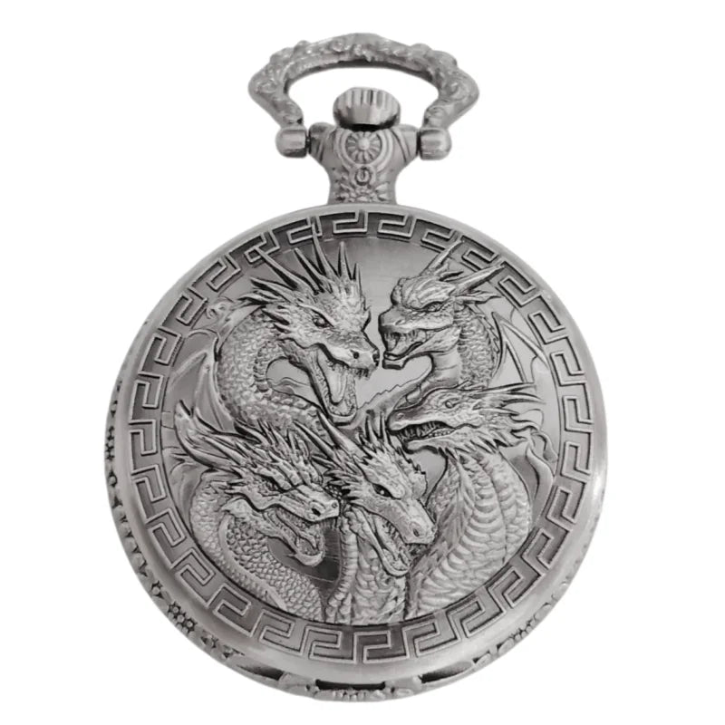 Vintage steampunk handsome dragon group carved quartz pocket watch necklace pendant clock chain men's and women's gifts