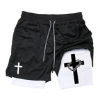 Print 2 in 1 Running Workout Shorts for Men Christian Gym Athletic Performance Shorts with Phone Pocket Towel Loop Activewear
