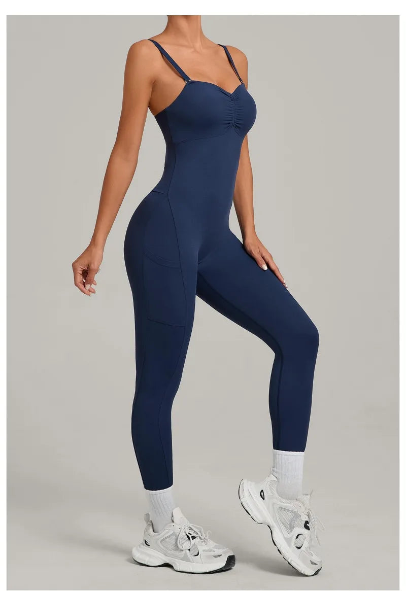 Women's Yoga Jumpsuits Sports Fitness One-piece Beauty Back Strap Pocket Hip-lifting Slim Fit Running Workout Training Bodysuits
