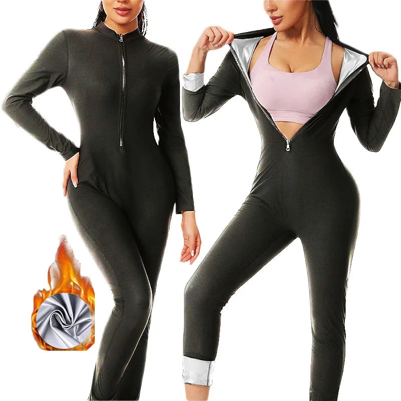 MrifDila Sauna Suit Jumpsuit Full Zip Up Sweatsuit Hot Sweating Jumpsuit Long Sleeve Romper Bottom Pants Sweating Bodysuit Shape