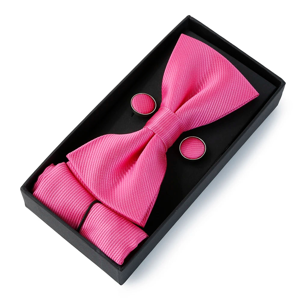 HUISHI Classic Black Bowtie Bow Ties For Mens Butterfly Bowknot Pocket Square Cufflinks Suit Set Bussiness Accessories Gift Box