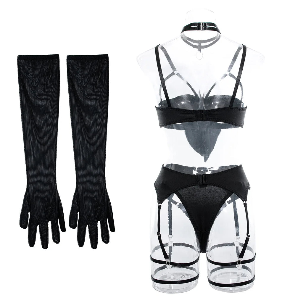 Sexy Hollow Out Bow Decor Lingerie Set Women Solid Exotic Apparel Suit Female Pure Desire Style Underwear with Garter and Gloves