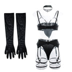 Sexy Hollow Out Bow Decor Lingerie Set Women Solid Exotic Apparel Suit Female Pure Desire Style Underwear with Garter and Gloves