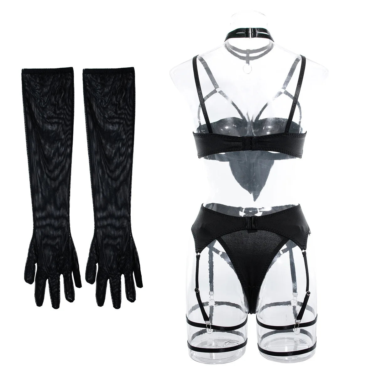 Sexy Hollow Out Bow Decor Lingerie Set Women Solid Exotic Apparel Suit Female Pure Desire Style Underwear with Garter and Gloves