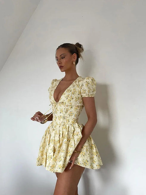 Vintage Floral Print Yellow Pleated Mini Dress Women Summer Puff Sleeve V Neck Party Beach Dresses Elegant Chic Y2K Vestidos