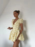 Vintage Floral Print Yellow Pleated Mini Dress Women Summer Puff Sleeve V Neck Party Beach Dresses Elegant Chic Y2K Vestidos