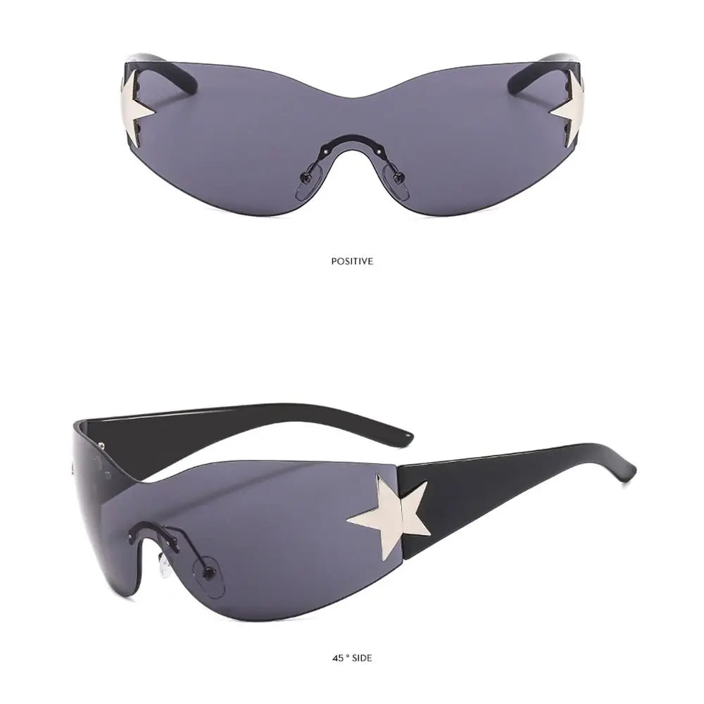 New Y2K Rimless Punk Sunglasses Goggle Women Men Luxury Brand Wrap Around Sun Glasses Five Star Eyewear Sports One Piece Shades