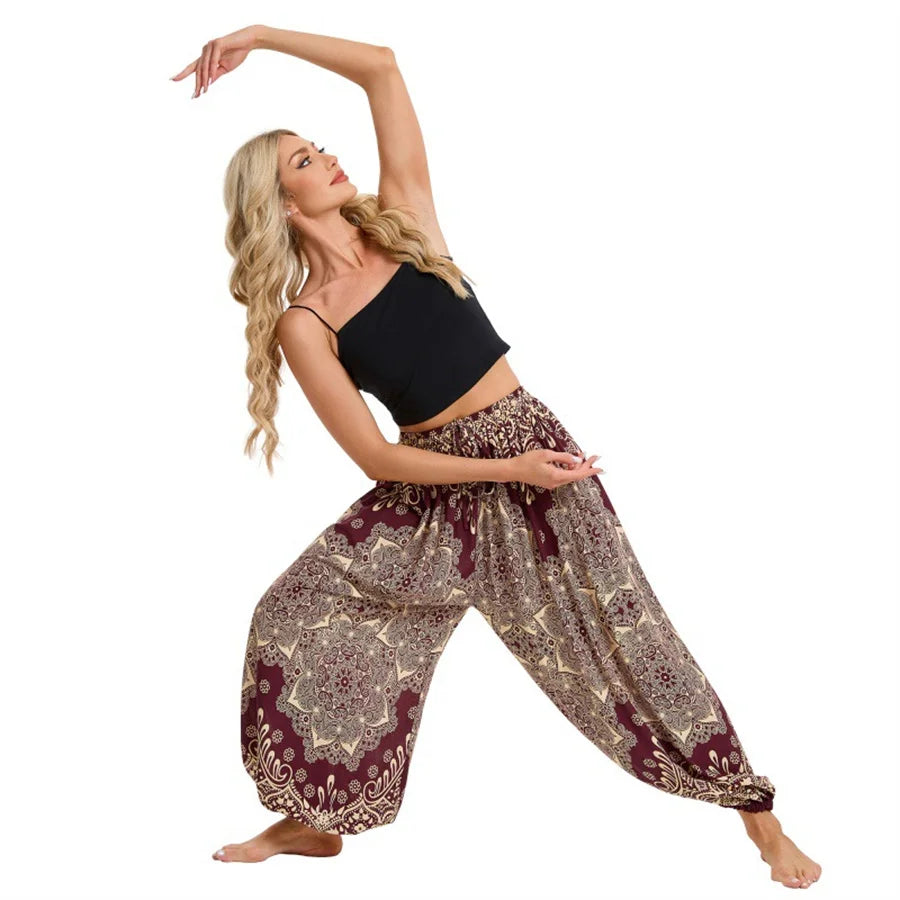 Women's Boho Wide Leg Harem Pants Adult High Waist Yoga Loose Lantern Pants Breathable Beach Trousers Vacation Printed Jagger