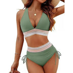 Sexy Deep V-Neck Bikini Swimsuit Set Women 2026 Summer Beach with Chest Cushion Swimwear High Waist Drawstring Triangle Bikini