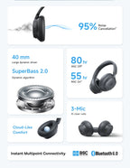 Baseus Bass BH1 NC Lite ANC Wireless Headphones 95% Noise Cancelling Headsets Headphone Bluetooth 6.0 80H Over Ear Earphones