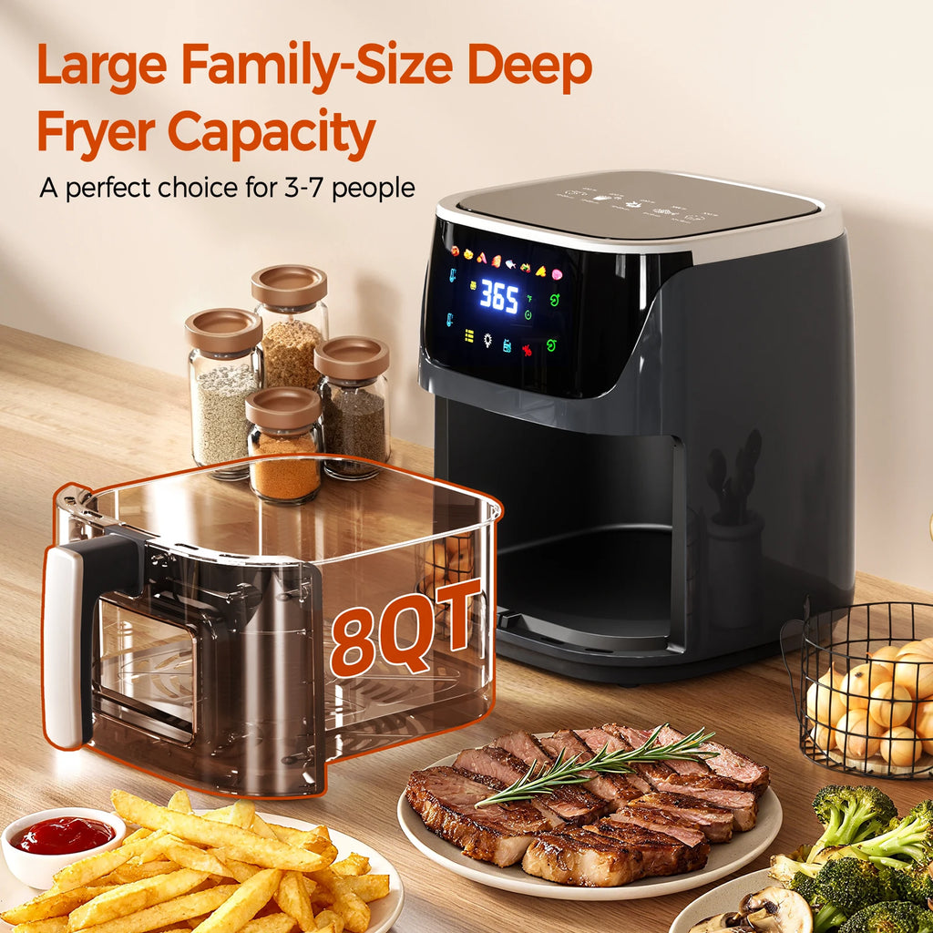 Patbrela Visible Air Fryer 7.0L 8-in-1 Max 200°C Electric Hot Fryer Oven Oilless Cooker with Touch Screen Nonstick Basket Family Size