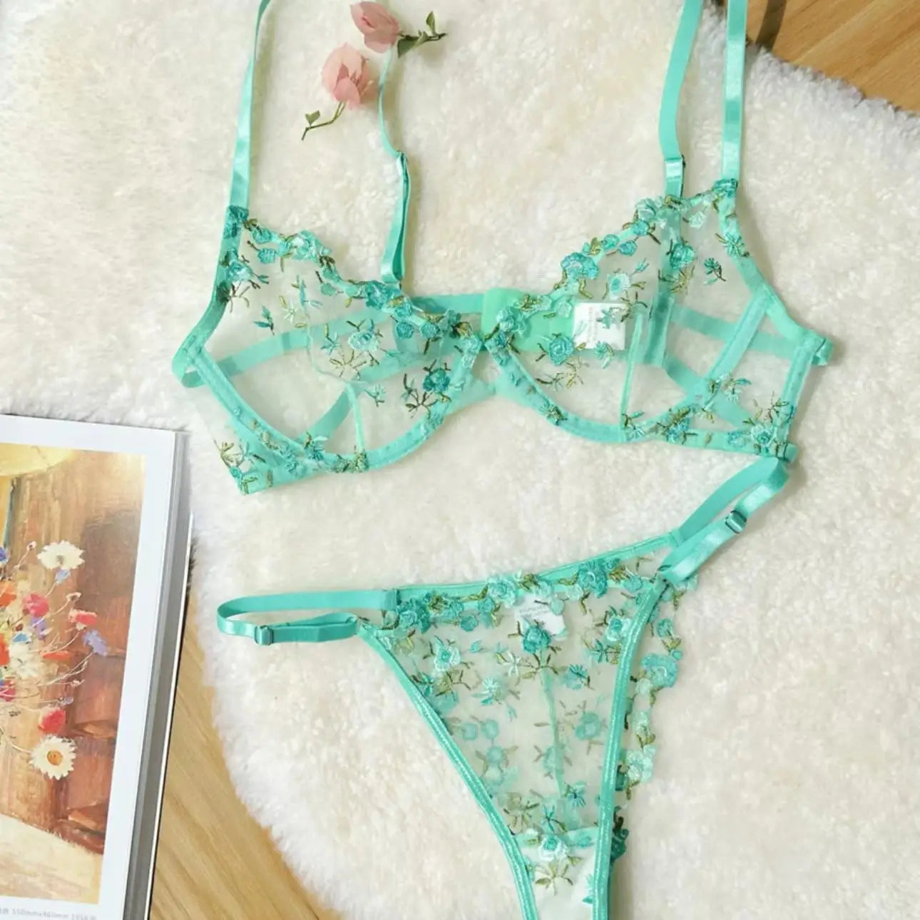 YUQI French Luxury Lingerie Set - Sexy Floral Embroidery Black Bra & Panty Set, Sheer Transparent Seductive Women's Intimates