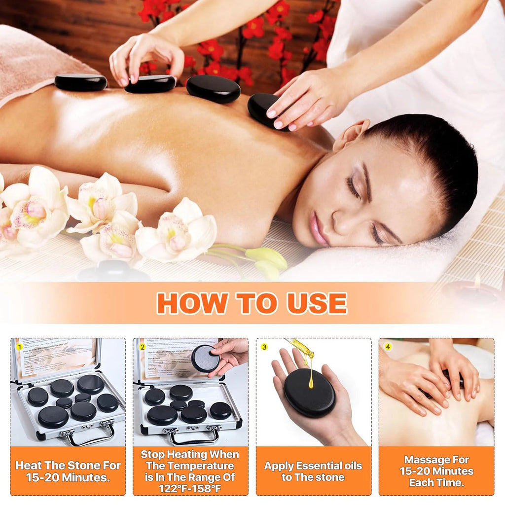 HOT STONE MASSAGE SET - Professional Spa Massage Tools - For Neck, Back, Abdomen, Legs & Full Body Massage