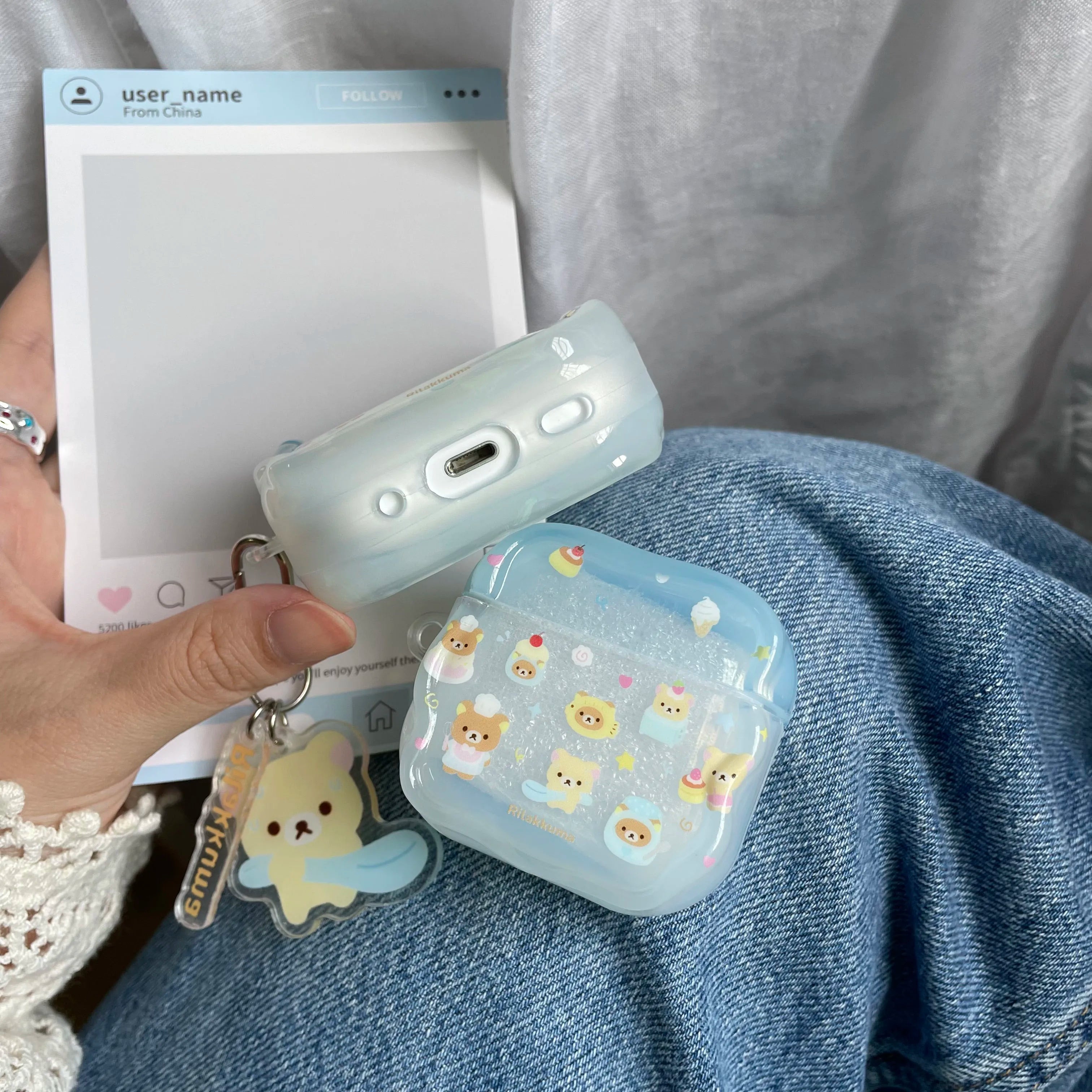 Cartoon Cake Bear Blue Wave Case for AirPods 2 3 4 ANC Cover with Keyring for Apple AirPod Pro 3 2025 Earphone Protective Cases