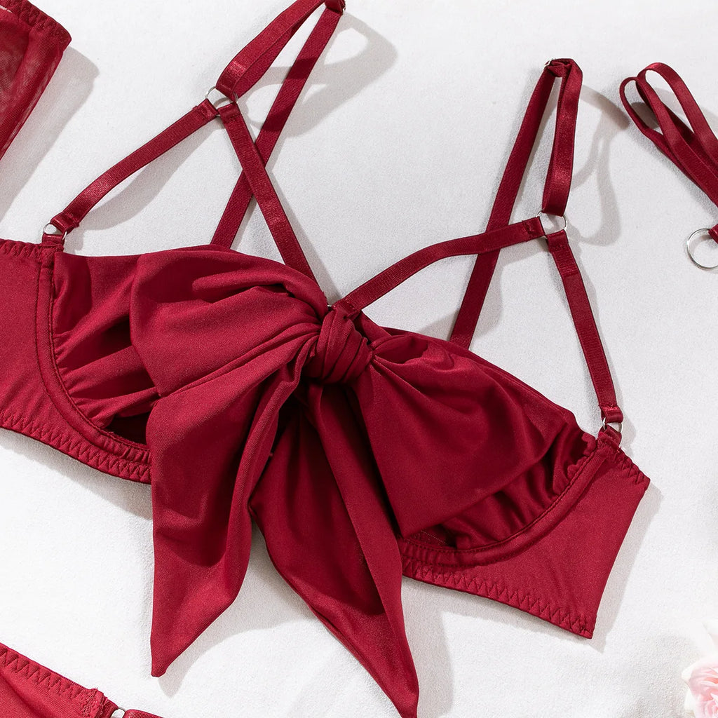Sexy Hollow Out Bow Decor Lingerie Set Women Solid Exotic Apparel Suit Female Pure Desire Style Underwear with Garter and Gloves