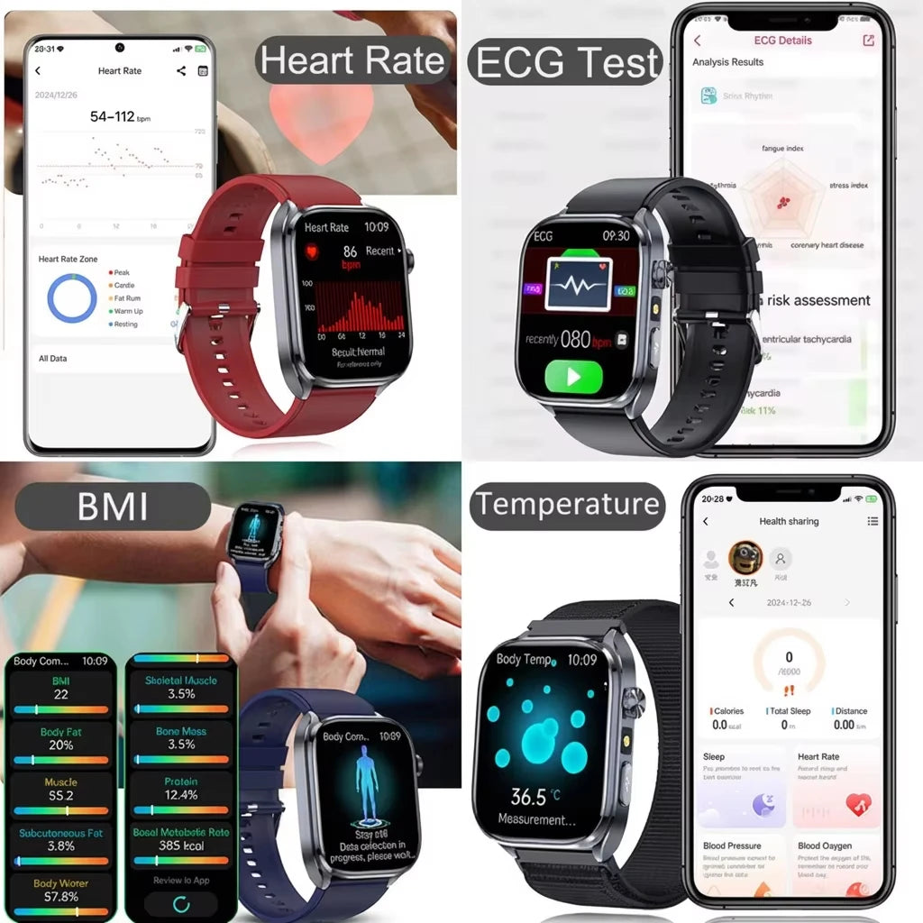 New Health Watch Uric Acid Blood Pressure Blood oxygen Body Analysis Body Fat SmartWatch ECG+PPG Bluetooth call Clock Women Men