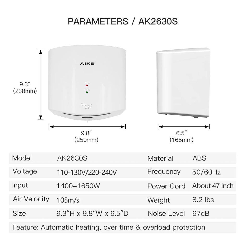 AIKE Bathroom Hands Dryer Wall Mounted Automatic High Speed Hands Dryer Commercial Smart Sensor Hands Drying Machine AK2630S