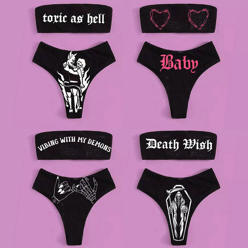 Gothic Bikini 2025 Women Skeleton Tube Top Bra Triangle Bottoms Swimsuit Split Bathing Suit Underwear Y2K Bikinis Punk Swimwear Main image