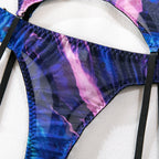Sexy Perspective Breast Gather Printed Lingerie Set with Gloves Leg Set for Women's Five Piece Set Female Fun Bra & Brief Sets