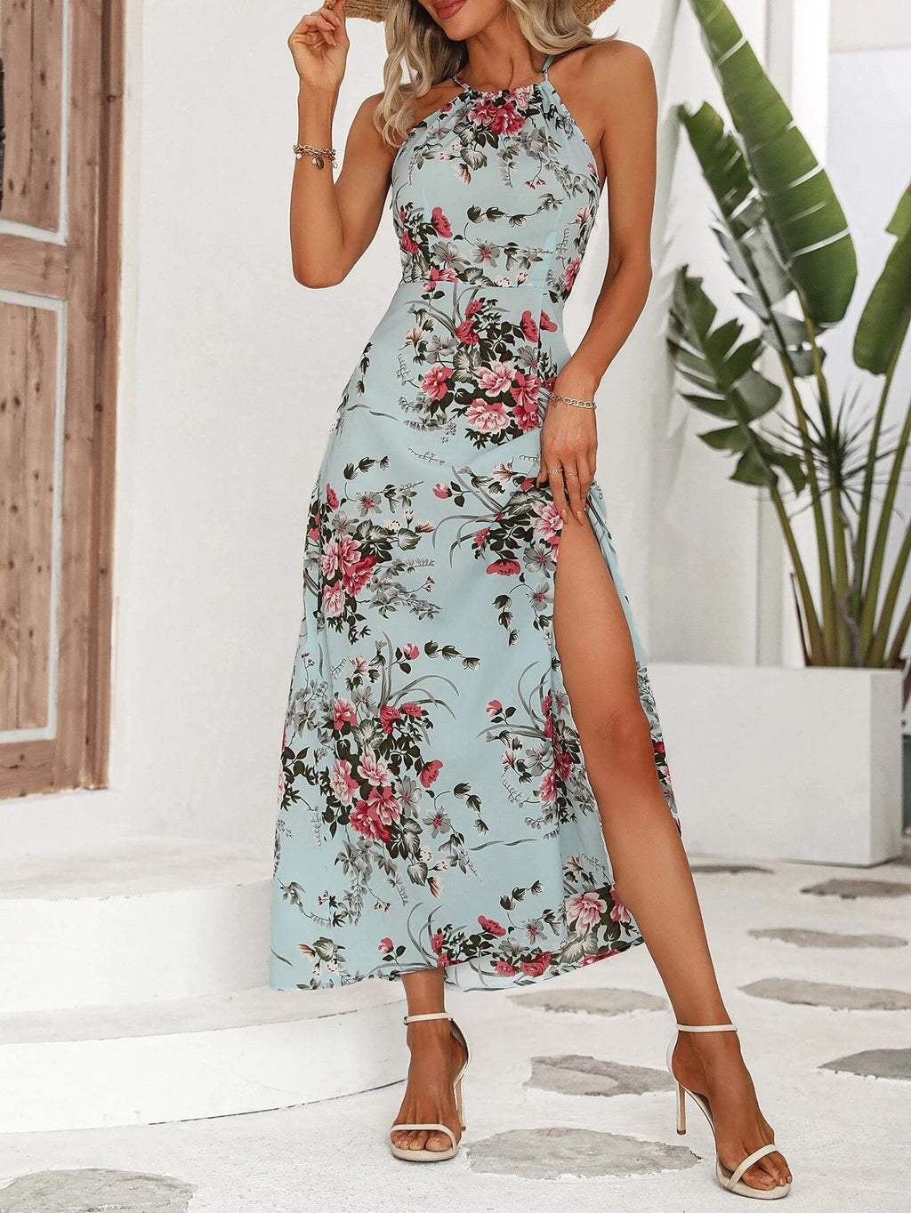 Women's Floral Print High Slit Thigh Halter Dress - Summer Sleeveless Sexy Bodycon Beach Party Clubwear