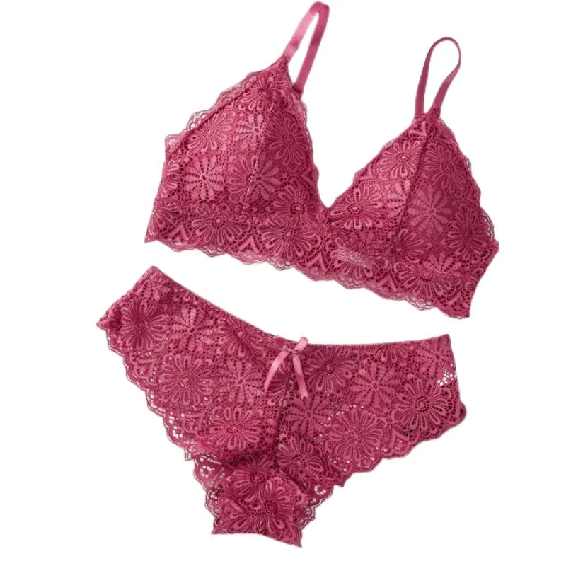 Women Push-Up Bra Set Sexy Lingerie Floral Lace Wire Free Bralette Low Rise Panties Sexy Briefs Female Underwear Intimates