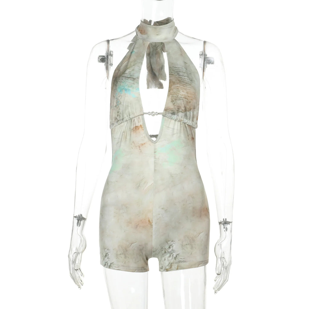 GlamGaze Halter Neck Keyhole Tie Dye Romper For Women Deep V Bodycon Shorts Jumpsuit Party Club Casual Daily Streetwear Outfit