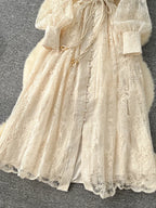 Spring Autumn French High-end Women's Dress New Lace Embroidery V-neck Lantern Sleeves Single Breasted Party Birthday Dress C192