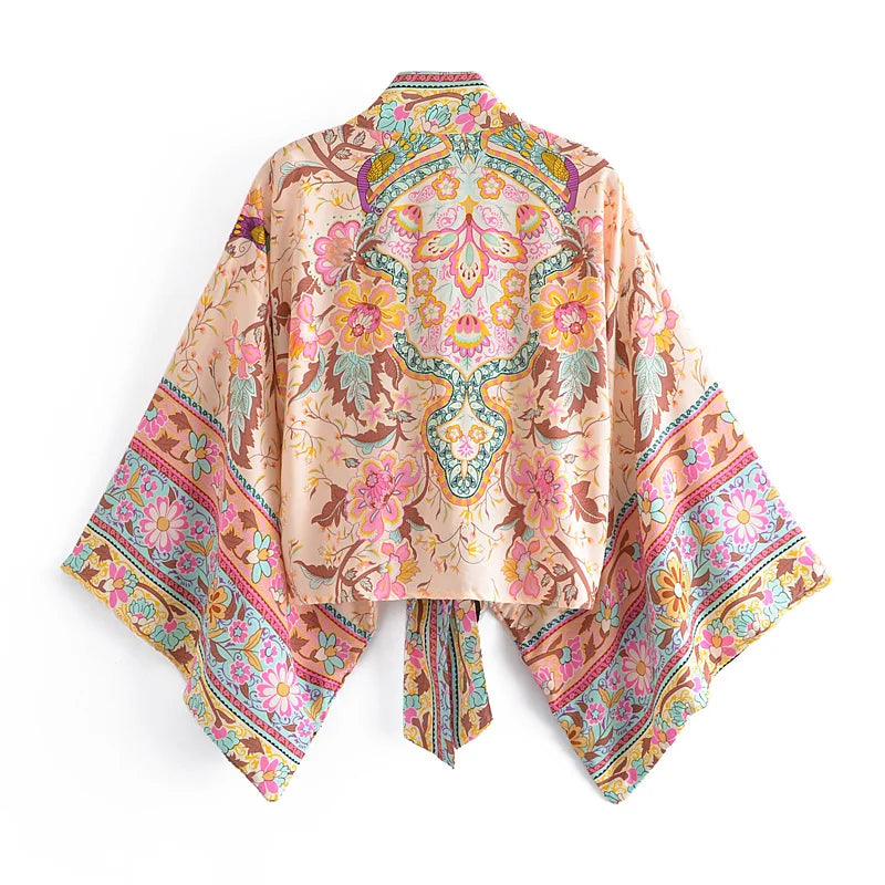 Happie Queens Floral Print Sashes Short  Kimono Women Fashion V Neck Batwing Sleeves Robe Lady Boho Bikini Cover-ups