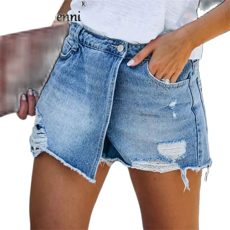 2024 Summer New Women Ripped Repaired Denim Shorts High Waist Bodycon Distressed Hole Bottoms Casual Pockets Sexy Short Jeans