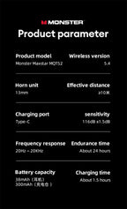 Monster MQT52 Wireless Bluetooth 5.4 Earphones Long Battery Life Gaming Headphones Dual Mode HIFI Stereo Sound Headset With Mic