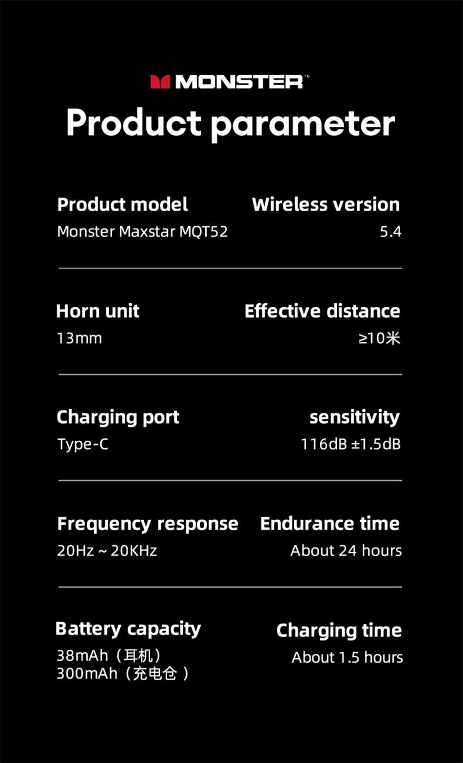 Monster MQT52 Wireless Bluetooth 5.4 Earphones Long Battery Life Gaming Headphones Dual Mode HIFI Stereo Sound Headset With Mic