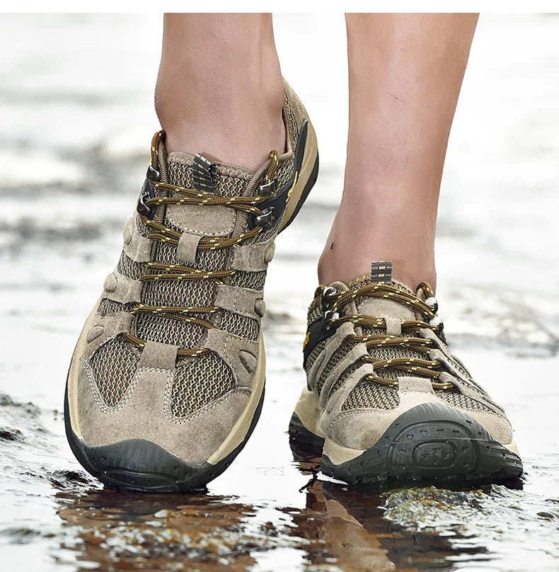 Spring Summer Leather Mesh Outdoor Trekking Shoes Hiking Shoes  Walking Tourism Camping Upstream Sneakers Anti-Slip Breathable