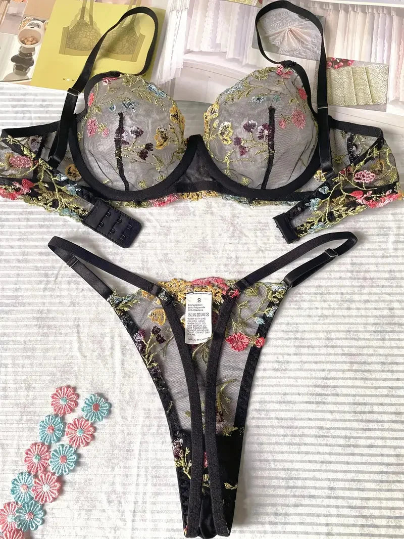 Yimunancy Floral Embroidery Lingerie Set Women Sheer 2-Piece Boho Bra + Panty Underwear Set Intimates