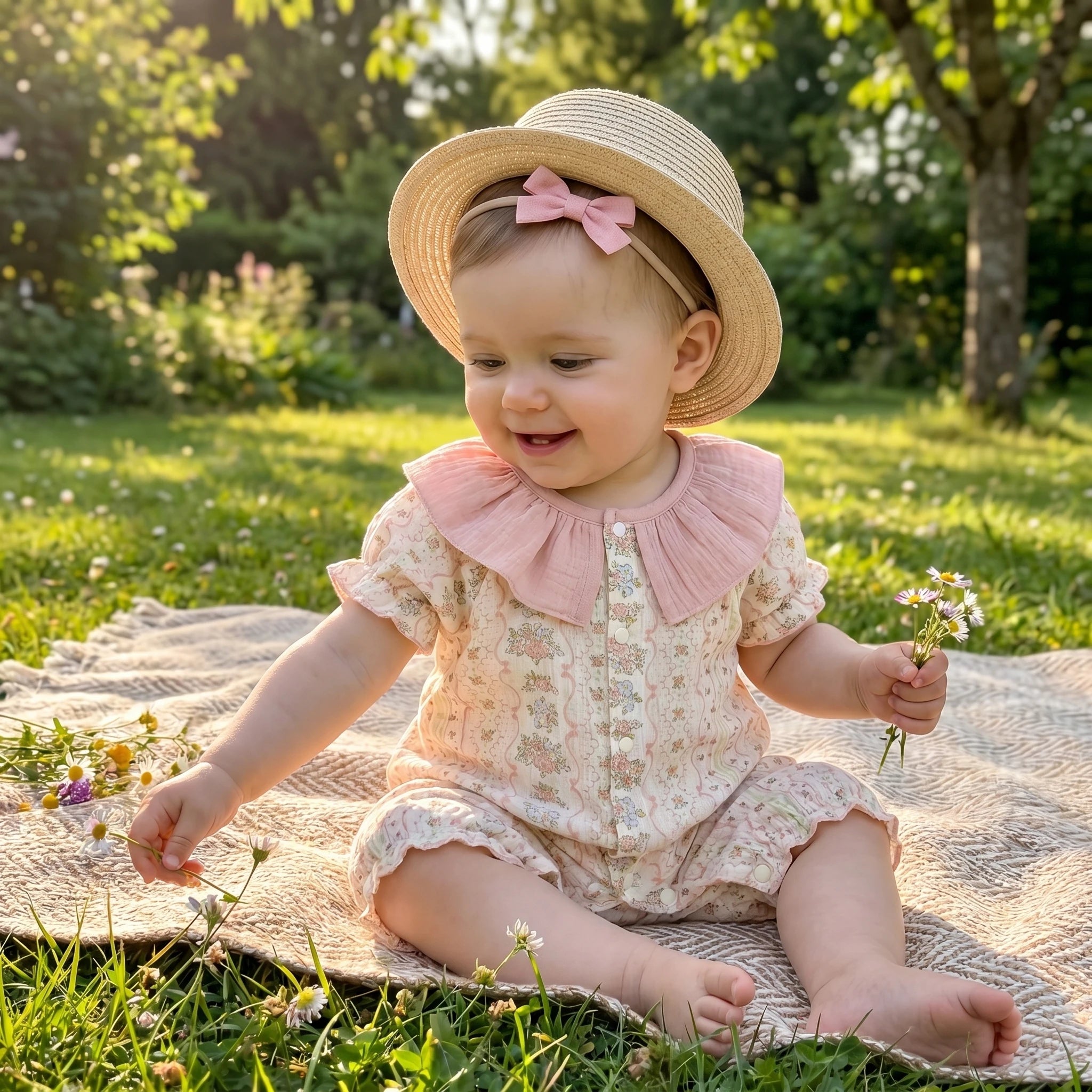 2026 Summer Baby Bodysuit Floral Print Cotton Peter Pan Collar Puff Sleeve Romper for Girls Soft Breathable Outfit