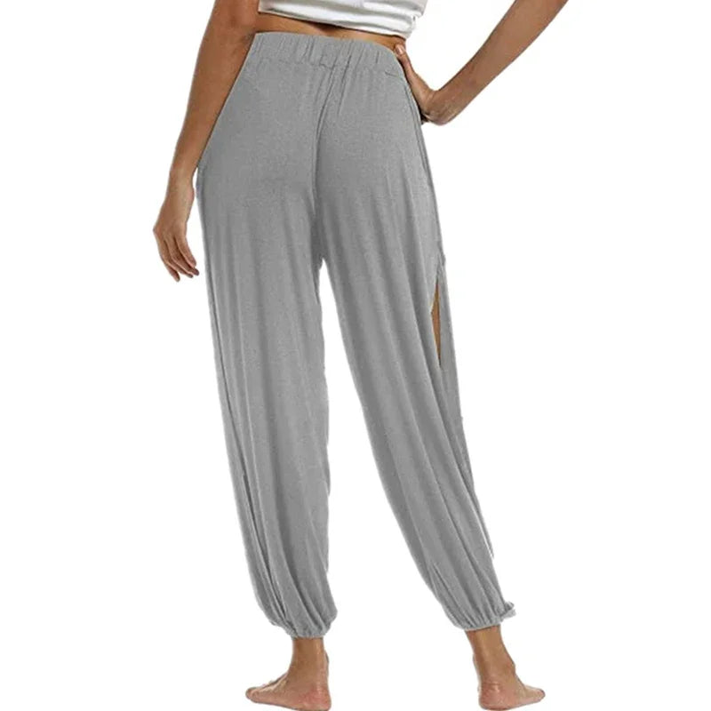 Summer High Slit Haren Pants for Women Sports Yoga Pants Solid Loose Hippie Harem Wide Leg Pants Trousers