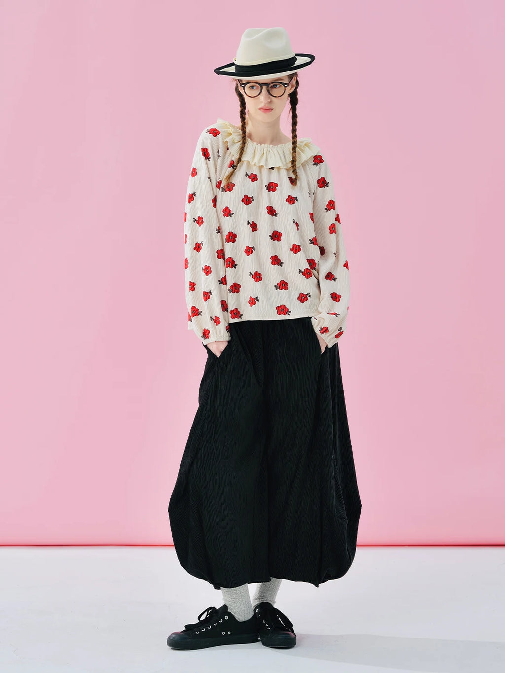 IMAKOKONI Original Design Collar Floral Long Sleeve Hoodie T-shirt for Summer Women 244968