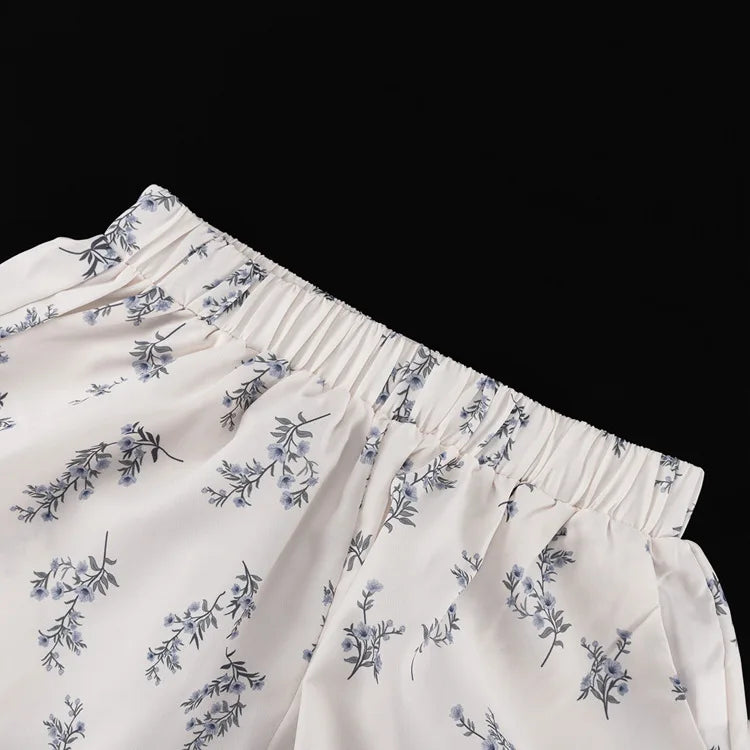 Casual Beige Print Women's Two Pieces Set Fashion Stand Collar Wrist Sleeve Ruffled Shirts And High Waisted Shorts Suit Woman