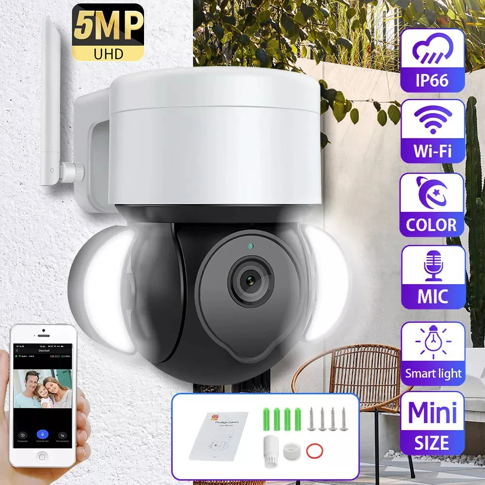 5MP Security Camera Outdoor Wireless 2.4G WIFI PTZ Auto Tracking Cameras Floodlight Color Night Vision IP66 Waterproof Two Way Audio Surveillance Cam