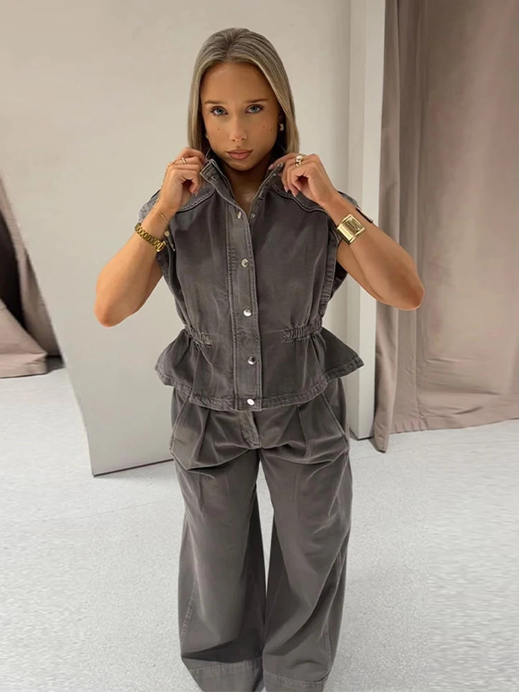 Denim Vest Loose Long Pants Woman Set High Neck Single Breasted Waist Cinched Tops High Waist Trousers Chic Casual Lady New Sets Main image