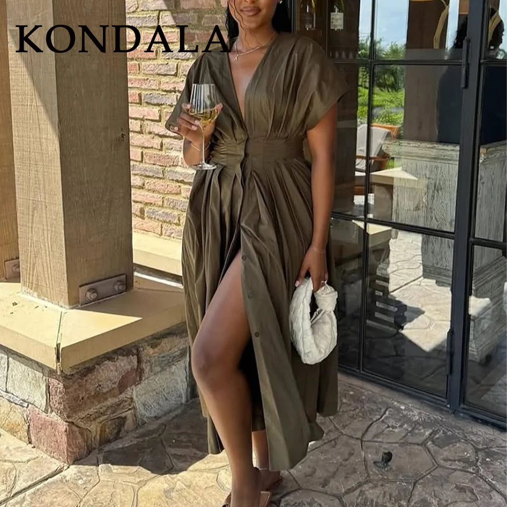 KONDALA 2026 Spring Summer Vintage Women Dress Fashion Single Breasted Sashes Draped V Neck Sleeveless Chic Brown Ladies Dresses
