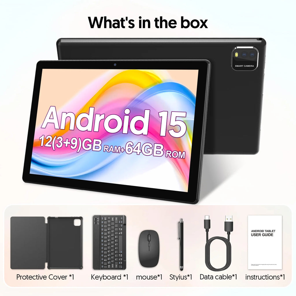 Latest Global Version Android 15 Tablet, 10-inch Tablet, Quad-core Processor, 1280*800 Resolution, 12 (3+9) GB RAM, 64GB Storage