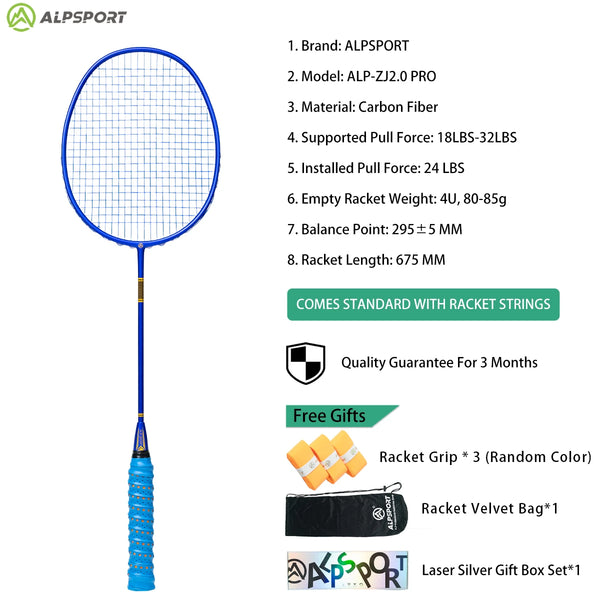 ALP ZJ2.0 Pro 4U 85g 100% Carbon Fiber + Titanium Alloy Badminton Racket Ultra-light Sports Equipment Racket Badminton Training