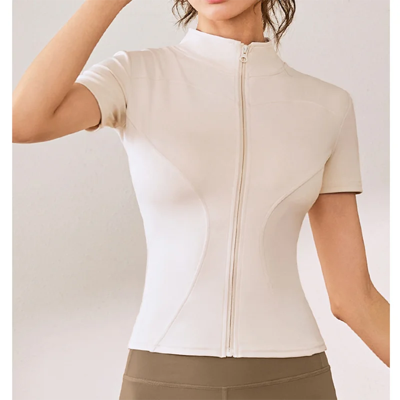 Slim Fit Short Sleeve Yoga Shirt Women's Stand Collar Zipper Jacket High End Running Sport Fitness Top