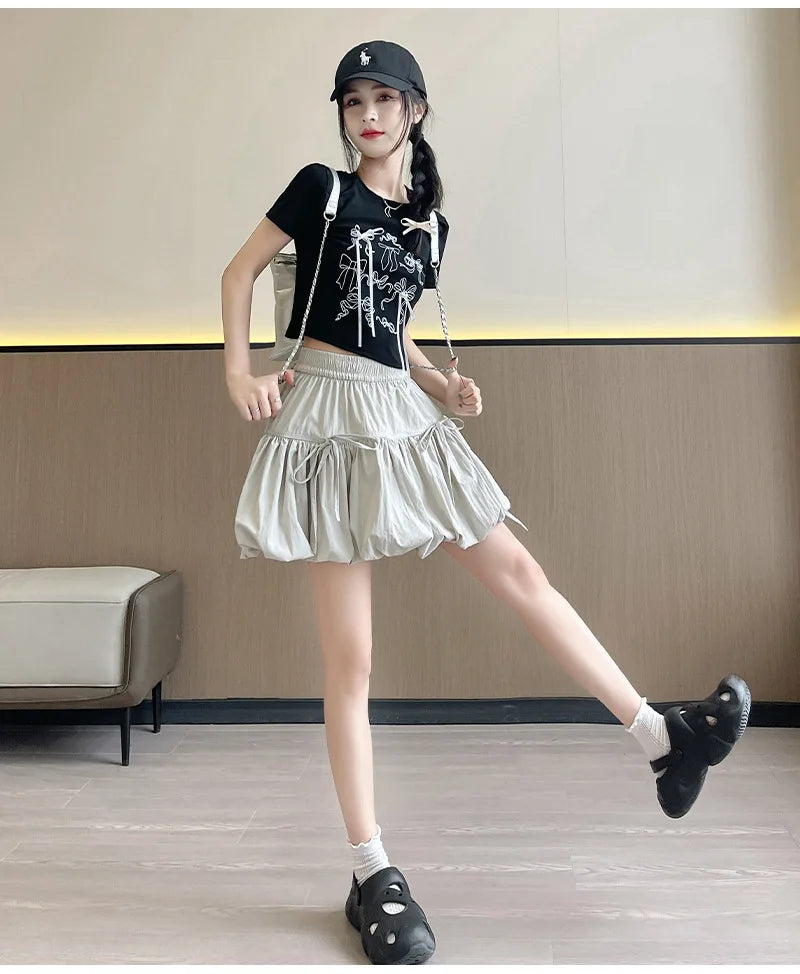 Sweet Bow Pleated Fluffy Skirts for Women Summer Korean Style Elastic Waist Lantern Skirt Woman Loose White A-Line Short Skirts