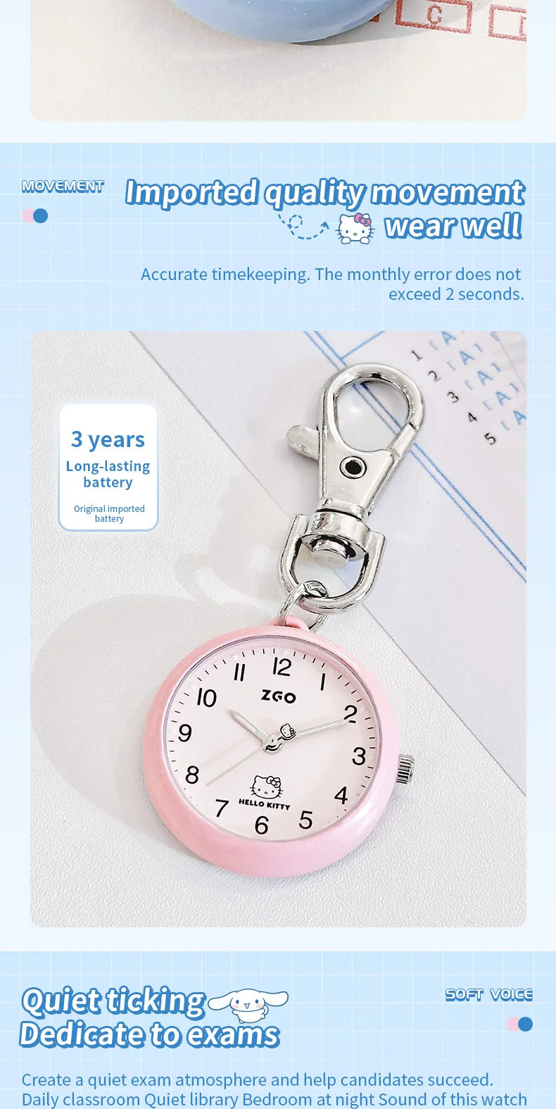 ZGO Sanrio Cinnamoroll Lady Pocket Watch, Simple Design Sense Pendant Watch, Waterproof, Quartz Watch, Gift 733