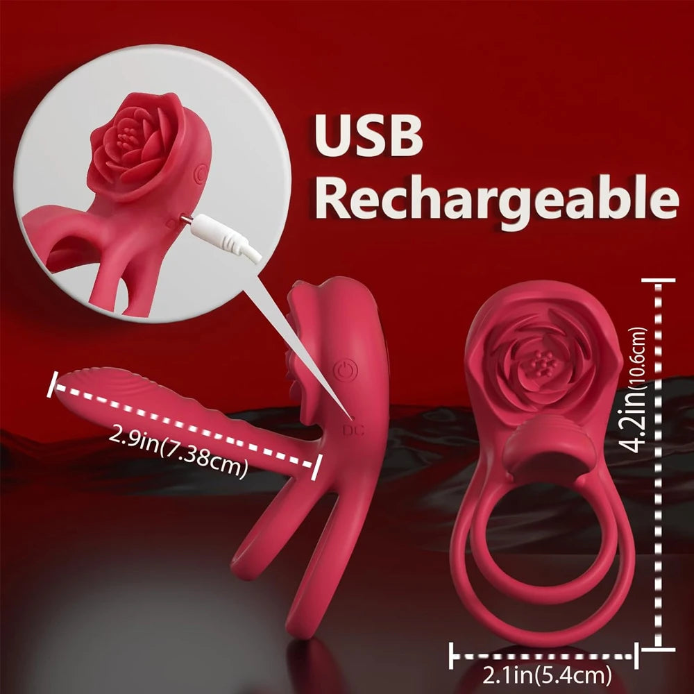 Rose Penis Ring Vibrator Female G-spot Clitoral Stimulation Male Ejaculation Delay Silicone CockRing Adult Sex Toy for Couples