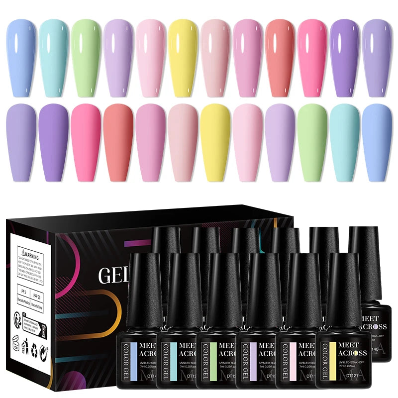 MEET ACROSS 12Pcs/Set 7ml Macaron Gel Nail Polish With Box Semi Permanent UV Gel  Soak Off Nail Art Kit Varnish For Manicure Main image