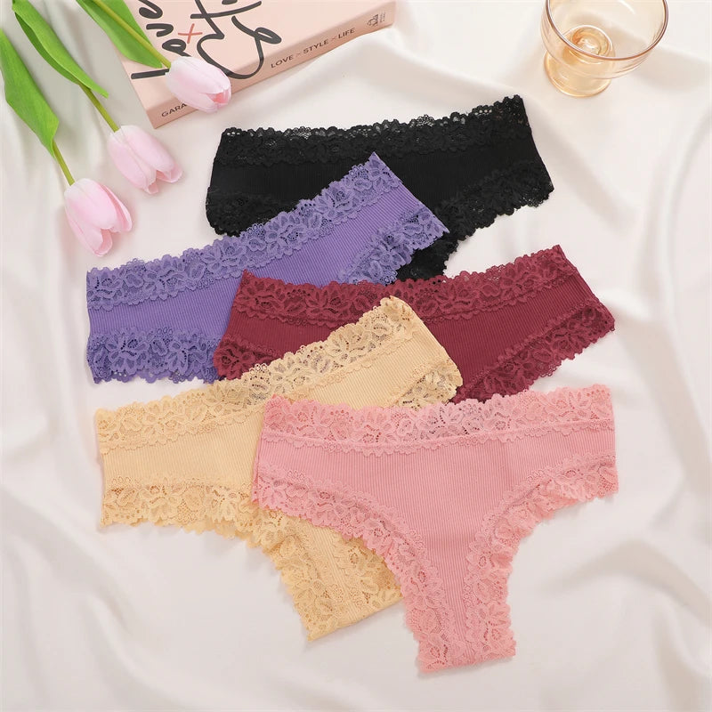 FINETOO 3Pcs Women Cotton Underwear Panties Sexy Lace Brazilian Briefs Low Waist Floral Solid Color G-string Breathable Lingerie
